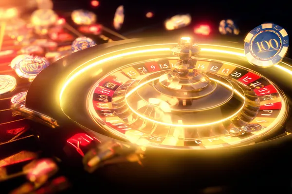 A glowing roulette wheel with cascading chips, symbolizing the engaging live and instant-win games available on CBAJI.